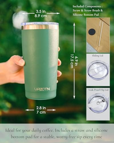 UIRZOTN Travel Coffee Tumbler 20oz, Leakproof Travel Coffee Mug with Dual Lids and Straw, Stainless Steel Double Wall Vacuum Insulated Tumbler for Hot/Iced Drinks (Sage Green, Textured Matte) view 3