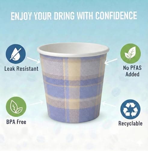 ECODESIGN-US 100 Pack Disposable Coffee Cups - 4 Oz Espresso - Plaid Lavender Paper Cups for Home Office or Party view 5