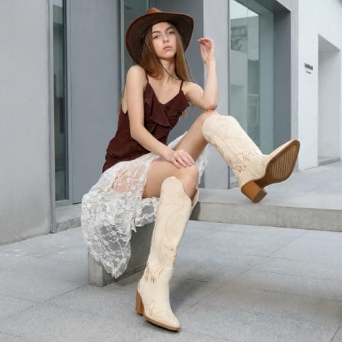 LeunDen Beige Cowboy Boots for Women, Knee High Cowgirl Boots with Pointed Toe, Chunky Heel, Floral Embroidery Western Boots Suede Tall Boots Size 7 view 3