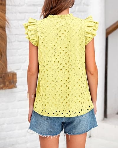 BTFBM Spring Summer Tops for Women 2026 Dressy Casual V Neck Ruffle Cap Sleeve Embroidered Eyelet Blouses Resort Wear view 3