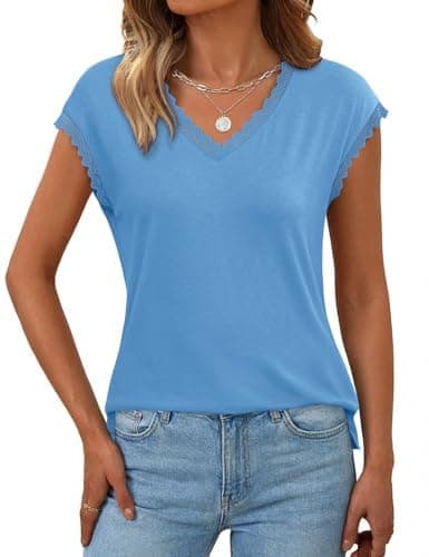 JUSTFASHIONNOW Lace Blouse Soft Cap Sleeve Tops for Women Summer V Neck Tank Tops Dressy Casual Shirts Trendy Clothes view 2