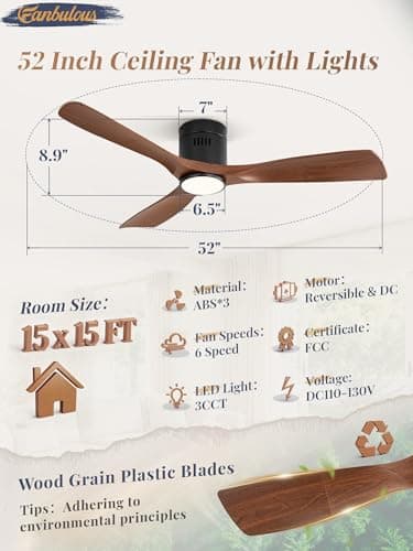 Fanbulous 52" Ceiling Fans with Lights and Remote Control,Modern Flush Mount Ceiling Fan with 3 CCT,Low Profile Ceiling Fans with 6-Speeds Reversible DC Motor for Patio Living Room Bedroom(Walnut) view 6
