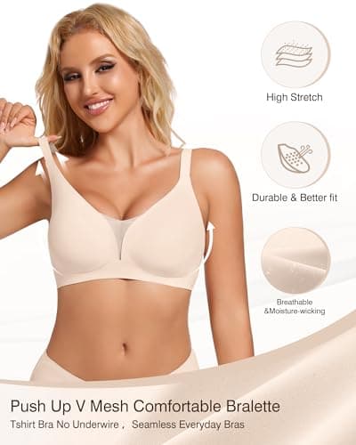 VRVOICE Womens Wireless Bras Sexy V Mesh Push Up No Underwire Bralette Seamless Supportive Tshirt Everyday Bra view 3