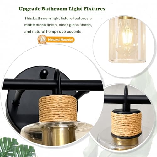 Joylen Bathroom Light Fixtures,3-Light Matte Black Vanity Light with Clear Glass Shade,Farmhouse Bathroom Lighting Fixtures Over Mirror,Wall Sconces for Bedroom Kitchen Cabinet Living Room Hallway view 6