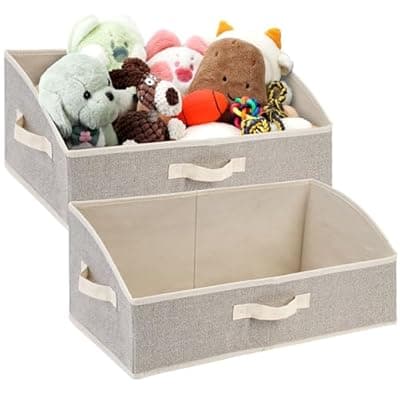 Jumpress 2 Pack Dog Toy Basket, Collapsible Cat Dog Toy Bin with Handles, Fabric Trapezoid Dog Toy Box Storage for Pet Dog Toys,Blankets,Clothes and Accessories (Ecru)