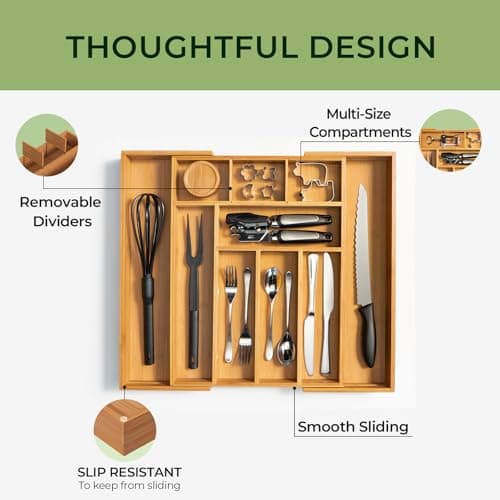keechee Carbonized Bamboo Kitchen Drawer Organizer, 10 Slots Expandable Silverware Organizer, Utensil Holder & Cutlery Tray, 2.2" Deep for Extra Capacity, Non-Slip Feet Included view 6