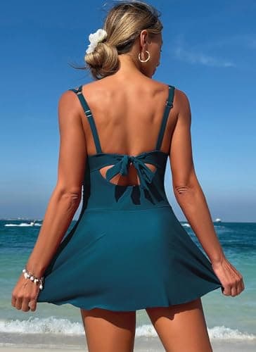 ZAFUL One Piece Swim Dress Swimsuits for Women Scallop Tummy Control Swimdress Tie Knot Swim Skirt Swimwear Bathing Suit view 2