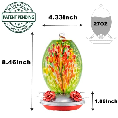 Muse Garden Glass Humming Bird Feeders for Outdoors - 27OZ Blown Glass Hummingbird Feeder - Unique Gift Mom Women Grandparents, Outdoors Hanging Garden Decor, Ant Moat & Brush, Green Floral view 3