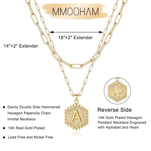 M MOOHAM Mothers Day Gifts, 14K-Gold-Plated Initial Necklaces for Women Cute Hexagon Letter Initial Necklace Layered Necklaces for Women Teen Girl Gifts view 6