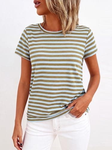 BTFBM Tops for Women Trendy Summer 2026 Crew Neck Short Sleeve T Shirts Striped Casual Vacation Blouse Loose Basic Tee view 6