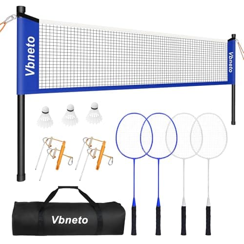 Vbneto Badminton Set, Portable Outdoor Anti-Sag System – Official 20ft x 5ft Easy Setup Durable Net with 4 Rackets, 3 Shuttlecocks & Carry Bag for Backyard, Lawn or Beach Family Fun