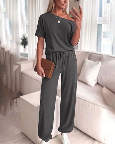 Zenlonr Women Summer 2 Piece Outfits 2026 Off Shoulder Short Sleeve Tops Elastic Waist Drawstring Long Pants Tracksuit view 4