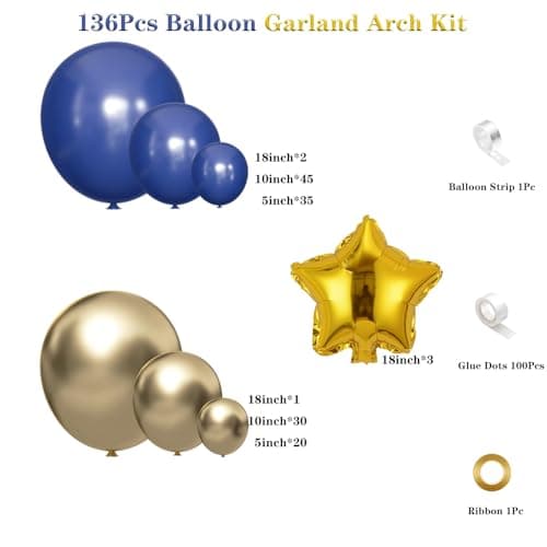 Royal Blue and Gold Balloon Garland Arch Kit, Navy Blue White and Gold Balloons with Star Foil Balloons for Anniversary Graduation Wedding New Year Birthday Party Decorations view 2