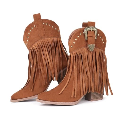 Hawkwell Women's Fringe Cowboy Cowgirl Boots Snip Toe Pull On Dress Western Ankle Booties — image 1