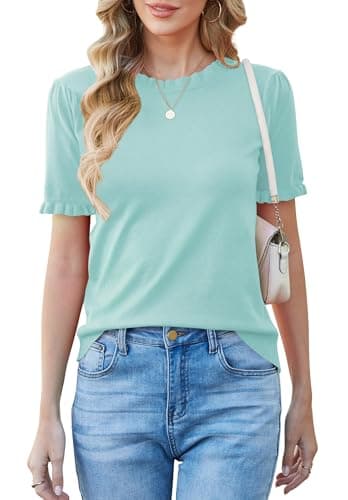 Women Puff Short Sleeve Sweater Tops Ruffle Crewneck Knit Pullover Work Blouses Dressy Casual Top Shirt Spring Summer view 2
