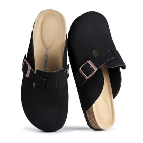 Dumalum Suede Black Clogs for Women & Men - Comfort Cork Footbed with Arch Support - Adjustable Buckle Mules Slip-On Sandals Unisex Potato Shoes Home Slippers