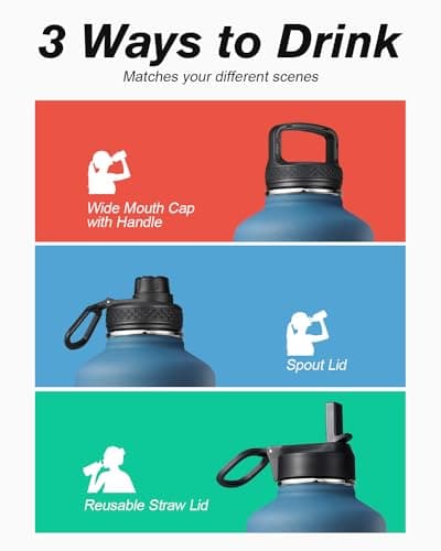 Half Gallon Water Bottle Insulated with Straw & 3 Lids, Coolflask 64 oz Water Jug Large Metal Stainless Steel Wide Mouth for Sports, Gym or Office, Non-BPA Keep Cold 48H Hot 24H, Samurai Cyan view 5