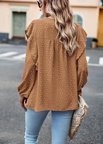 PRETTYGARDEN Women's Long Sleeve Shirts Ruffle Swiss Dot Crochet Loose Fit Tunic Dressy Casual Tops Blouses Spring Fashion view 2