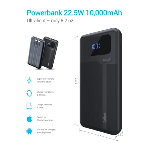 Antteez Portable Charger with Built in Cable - 10000mAh Fast Charging 22.5W Power Bank USB C LED Display Travel Battery Pack 4 Outputs & 2 Inputs for iPhone Samsung iPad Phones Tablets view 4
