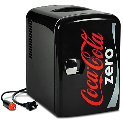 Coca-Cola Zero CZ04 4 Liter/4.2 Quarts 6 Can Portable Cooler/Mini Fridge, Beverages, Baby Food, Skincare and Medications-Use at Home, Office, Dorm, Car, RV or Boat-AC & DC Plugs Included, Black/Red