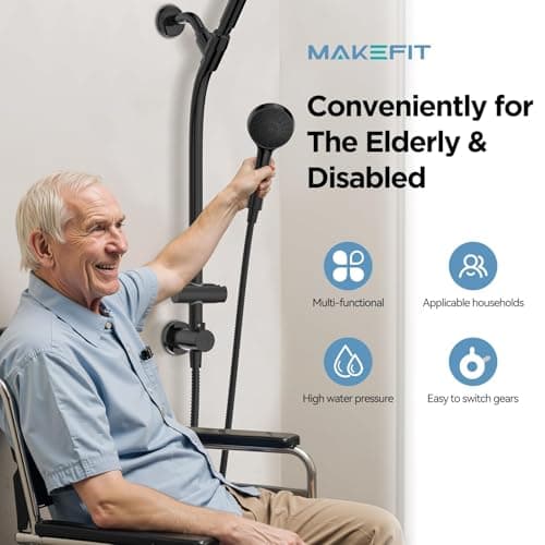 MakeFit Drill-free Dual Shower Head with Handheld Combo Rainfall Shower Head Easy Reach 3-way Diverter Stainless Steel Slide Bar with Height Adjustable Holder Adjustable Rain Showerhead (Black) view 3