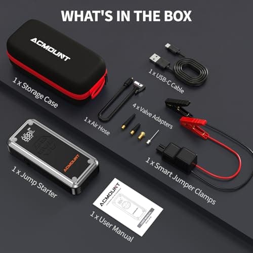 ACMOUNT W160 5000A Jump Starter with Air Compressor 150PSI, 12V Jump Box | Car Jumper Starter Portable(9L Gas/8L Diesel) with Jump Cables, Tire Inflator, 3 LED Light Modes, Power Bank, Car Essentials view 4
