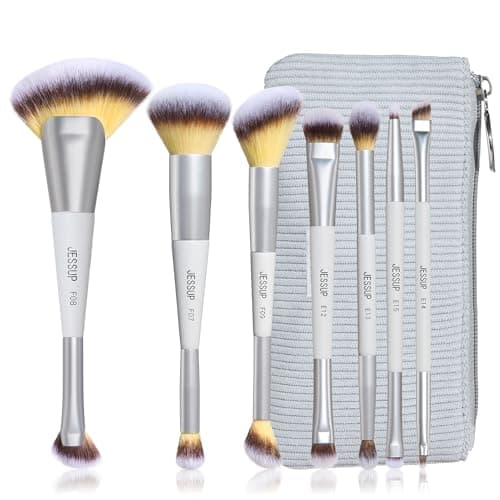 Jessup Makeup Brushes Set 7pcs Dual Ended Makeup Brush Premium Synthetic Foundation Contour Blush Highlight Blending Eyebrow Eyeshadow Shader Concealer Brush with Bag, Quiet Gray T520