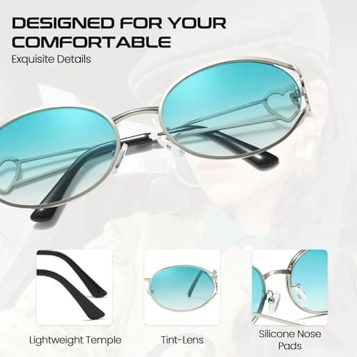 SODQW Retro Oval Sunglasses for Women Trendy Metal Frame Round Designer Sun Glasses with Heart Accents UV Protection view 3