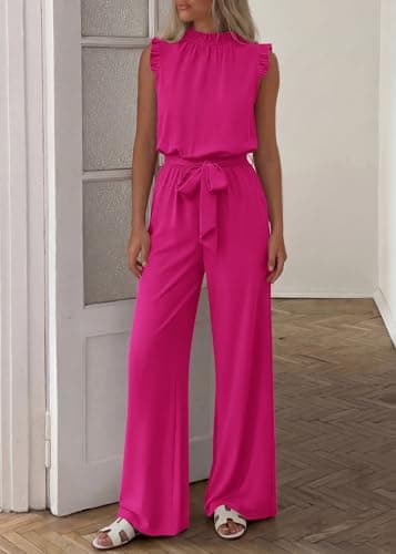 KIRUNDO Jumpsuits For Women Dressy Summer One Piece Sleeveless Ruffle Mock Neck Belt Pockets Formal Wide Leg Pants Romper view 2