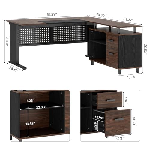 Tribesigns 63 Inch Executive Desk with File Cabinet, Large Office Desk L Shaped Computer Desk with Drawers and Storage Shelves, Business Furniture Desk for Home Office, Dark Walnut and Black view 2