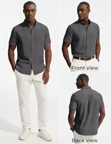 PJ PAUL JONES Mens Linen Shirt Short Sleeve Button Down Business Casual Dress Shirts Cotton Summer Beach Shirts with Pocket view 2