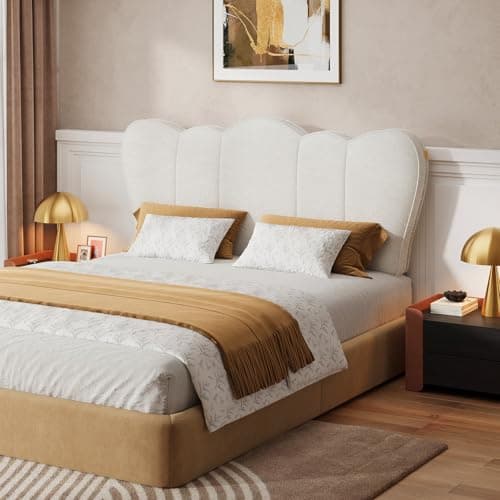 Pinmoco Queen Headboard Upholstered Beige Scalloped Padded Bed Backboard, Modern Wall Mounted Luxury Headboard for Queen Bedroom view 5