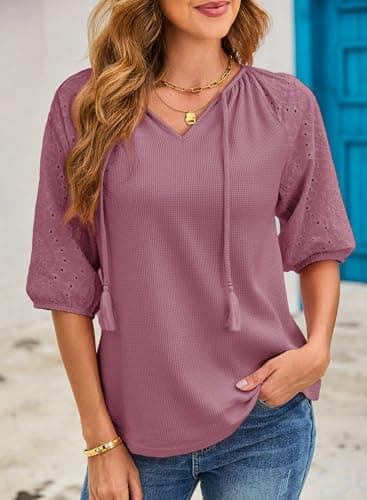 Dokotoo Women Blouses Dressy Casual Embroidered 3/4 Length Sleeve Womens Tops Tassel Tie V Neck Waffle Knit Shirts view 5