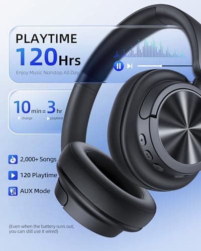 Hybrid Active Noise Cancelling Headphones 120H Playtime Wireless Headphones Bluetooth 6.0 Over Ear Headphones with 6 ENC HD Call Mic, Hi-Res 360° Spatial Audio ANC Headphone for Travel Workout Black view 2