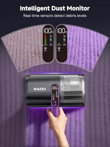 FEPPO Cordless Mattress Vacuum Cleaner, 18Kpa Bed Vacuum with 253.7nm UV-C Light & Ultrasonic Technology, Handheld Vacuums with Dust Sensor & LED Display, 52800 Times/Min High Frequency Tapping view 5