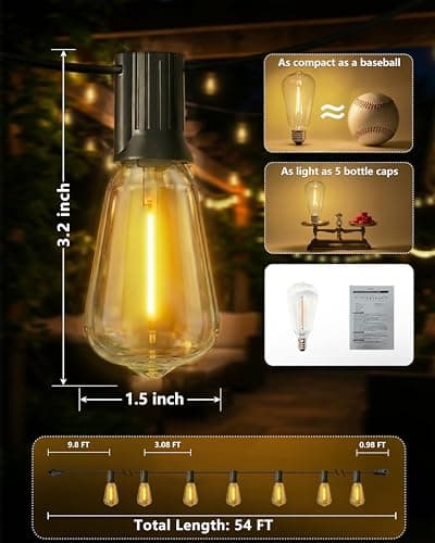 Outdoor String Lights 54FT Connectable ST38 Patio Lights Outdoor Waterproof | 15 Shatterproof Edison Bulbs Dimmable Plug-in, 2700K Warm White Hanging Light for Balcony Backyard Garden Porch Party Decor view 6