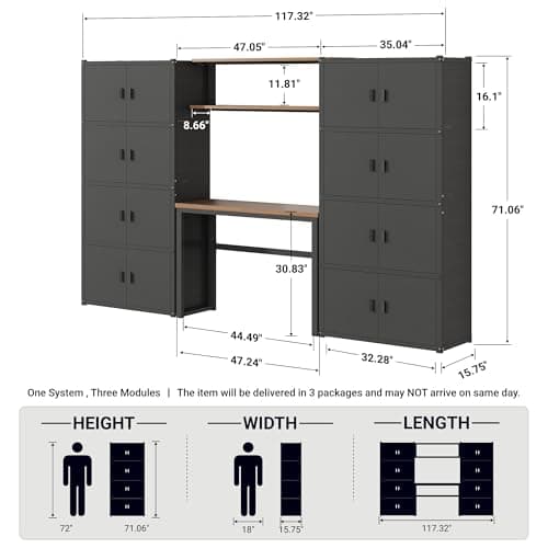 FLEXIMOUNTS Garage Storage Cabinet System, 3-in-1 Modular Metal Tool Cabinet w/Workbench and Metal Board Shelf Includes Pegboard, 24-Gauge Steel, 117"(L) w/ 8 Doors, Black, FLEXIMOD Series view 2