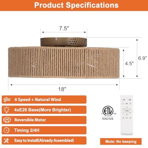 SHLUCE 18" Boho Caged Ceiling Fan with Light, Fandelier Flush Mount Ceiling Fan with Light, Small Low Profile Bladeless Ceiling Fans with Lights and Remote for Bedroom, Living Room, Rattan - ETL view 2