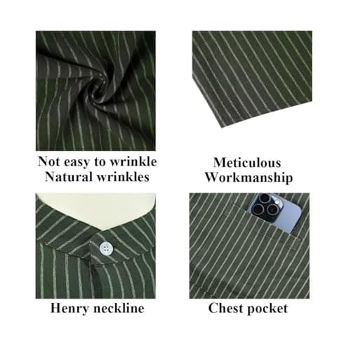 BAYAMO Men's Banded Collar Stripe Shirt, Linen Cotton Mandarin Collar Long Sleeve Button Down Shirts Collarless Tops view 5
