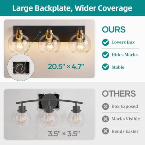Bathroom Light Fixtures, 3-Light 22 Inch Black and Gold Bathroom Vanity Light, Modern Wall Sconces with Clear Glass Globe Shades, Vanity Lighting Fixtures Over Mirror, E26 Socket (Bulbs Not Included) view 3