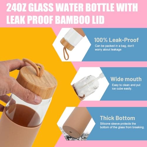 Tronco 24 oz Glass Water Bottles with Lids, Reusable Borosilicate Glass Bottles with Bamboo Lid & Non-Slip Silicone Sleeve for Coffee, Iced Tea, Water, Leak-Proof, BPA-Free – Ideal for Office & Home view 4