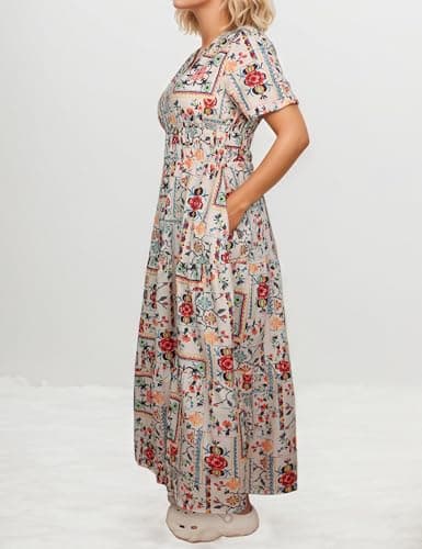 ACCPUR Women's Summer Boho Maxi Dresses Floral V Neck Tiered Short Sleeve Long Dress Flowy Beach Vacation Dress with Pockets view 5