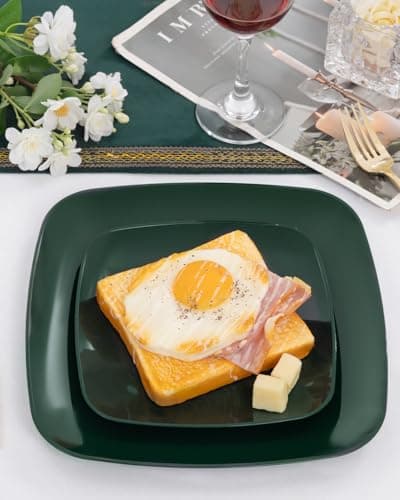 PULOTE 100PCS Green Plastic Plates - Green Square Disposable With Gold Rim - Include 50 Dinner 10inch, 50 Dessert 7.25inch Plates for Party&Christmas view 5