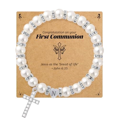 BAYLAY First Communion Gifts for Girls, Cross Bracelet for Teen Girl First Communion Bracelet for Girls Pearl Letter Initial Charm Bracelet First Holy Communion Gifts for Girl Catholic — image 1