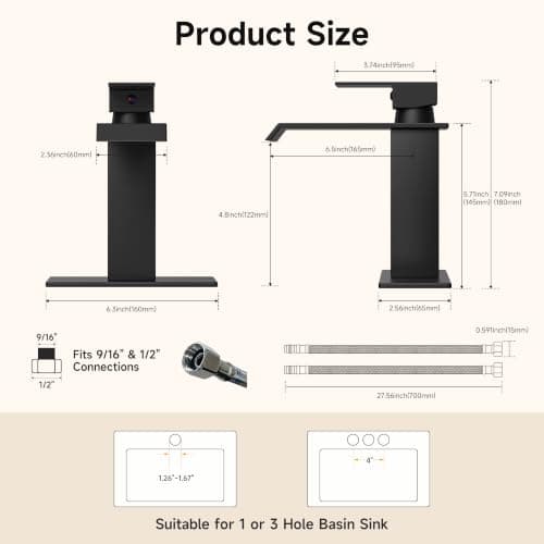Bathroom Faucet, Matte Black Bathroom Faucet 3-or-1 Hole, Single Handle Brushed Bathroom Sink Faucet, Stainless Steel, Lead-Free, Pop Up Drain, Deck Plate, Supply Lines, Easy Install for RV&Outdoor view 3