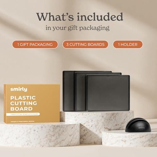 SMIRLY Plastic Cutting Board Set with Holder 3 Pieces, Non-Slip Dishwasher Safe Chopping Boards for Kitchen, Dark Grey view 3