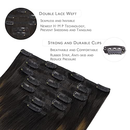WENNALIFE Human Hair Extensions, 22 Inch 120g 7pcs Natural Black to Chestnut Brown Balayage Clip in Remy Hair Extensions, Double Weft Real Human Hair view 3