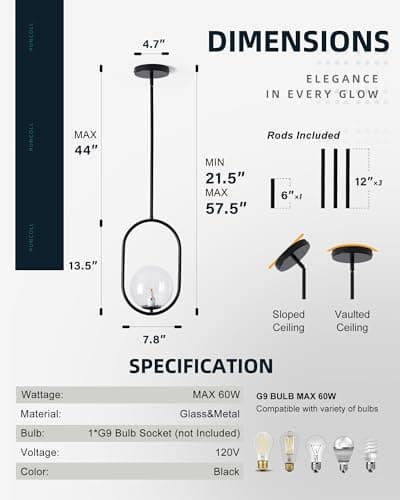 puncoll Glass Pendant Lights - 1-Light Pendant Lighting for Kitchen Island with Black Finish - Vintage Pendant Light Fixtures - Black Hanging Lights for Kitchen H9376-CLBK view 6