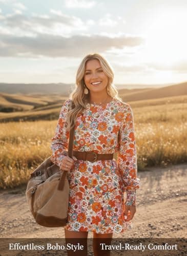 Dokotoo Casual Dresses for Women Flowy Boho Floral Long Sleeve Empire Waist Babydoll Mini Dress view 4