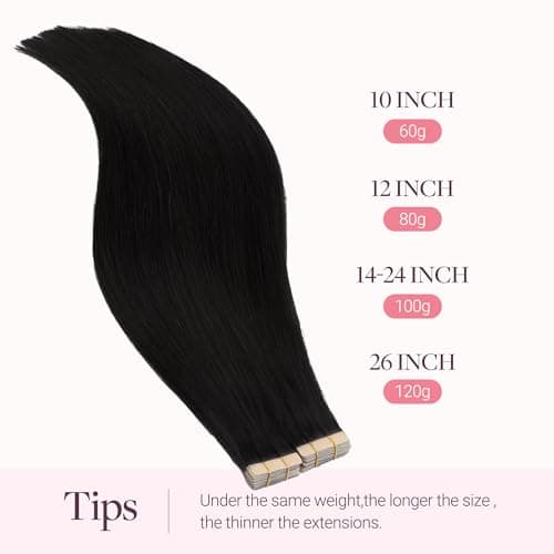 GOO GOO Tape in Hair Extensions Human Hair 20" 40pcs #1 Jet black | 100g, Remy Human Hair, Strong Hold, Long-lasting, Invisible, Daily Wear view 2